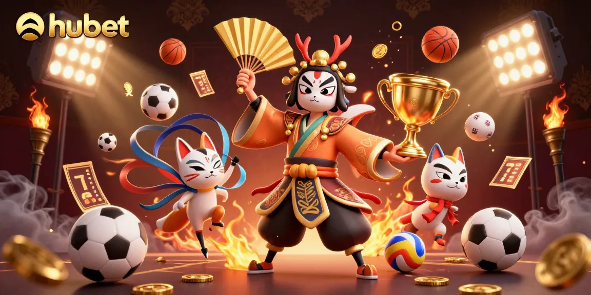 Experience hubet betting excitement with a dynamic illustration of kabuki warriors and vibrant gaming elements.