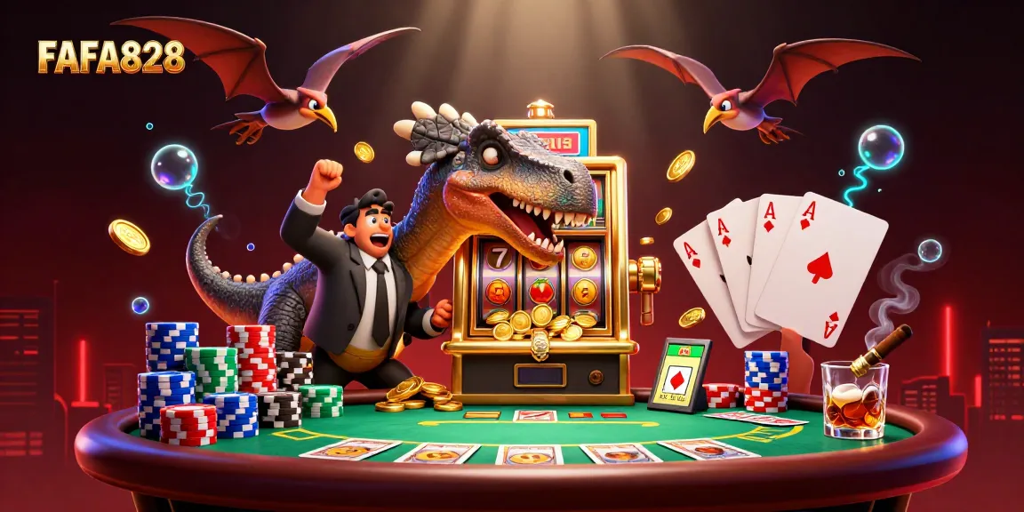 FAFA828 features a dinosaur headbutting a slot machine, capturing an exciting jackpot moment.