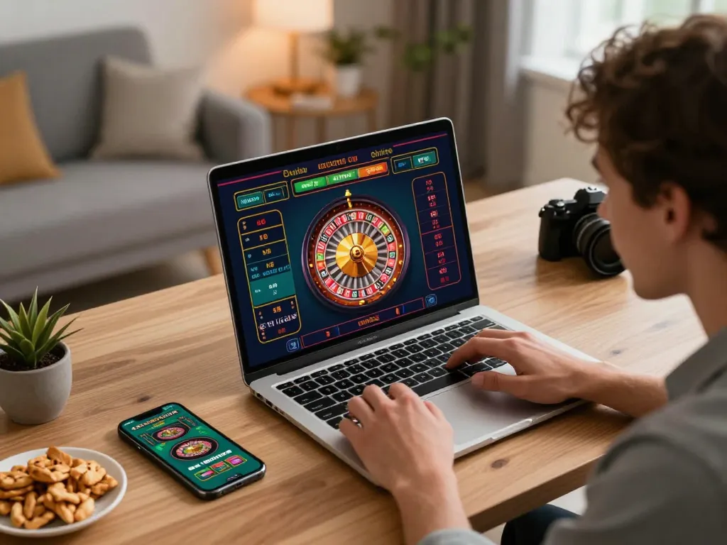 Engaged player experiencing transporthydraulics during an online casino roulette game in a stylish home office.