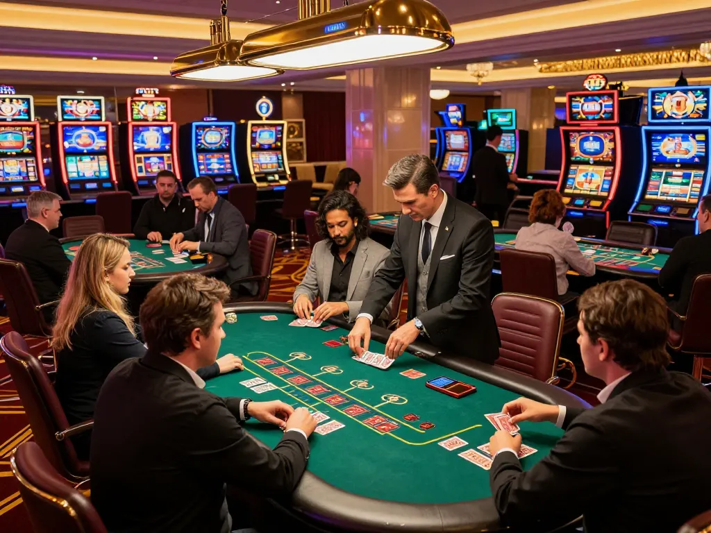 Players engaging in intense blackjack gameplay at a vibrant casino, showcasing TOP nhà cái uy tín atmosphere