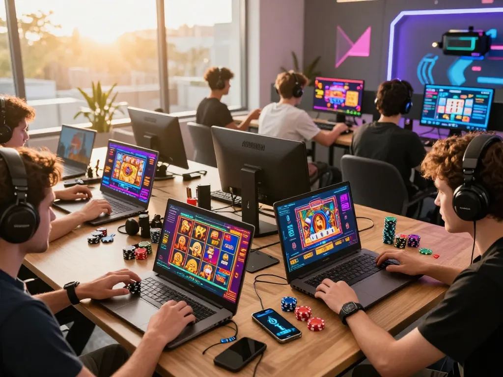 Exciting gaming scene showcasing players enjoying rikvip on laptops and smartphones, colorful graphics and gaming accessories.