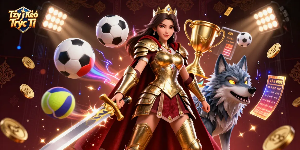 Engage in Tỷ Lệ Kèo Trực Tiếp with dynamic sports elements and a captivating warrior queen.