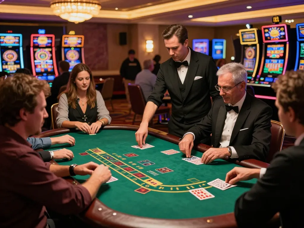 Experience the thrill of MAX88 blackjack with players engaged in strategic gameplay at a luxury casino.