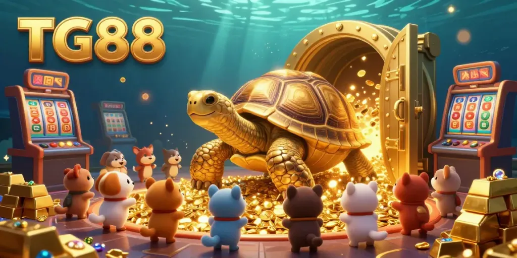 Experience the thrill of TG88 with a vibrant golden tortoise, dazzling slot reels, and treasures in a casino scene.