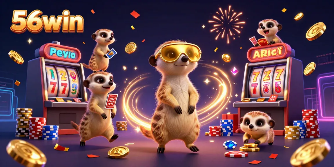 56win's exciting meerkat casino scene with slot machines, chips, and lively atmosphere.