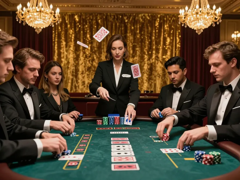 Players enjoying MEGA888 blackjack action, dealer dealing cards in an elegant casino.