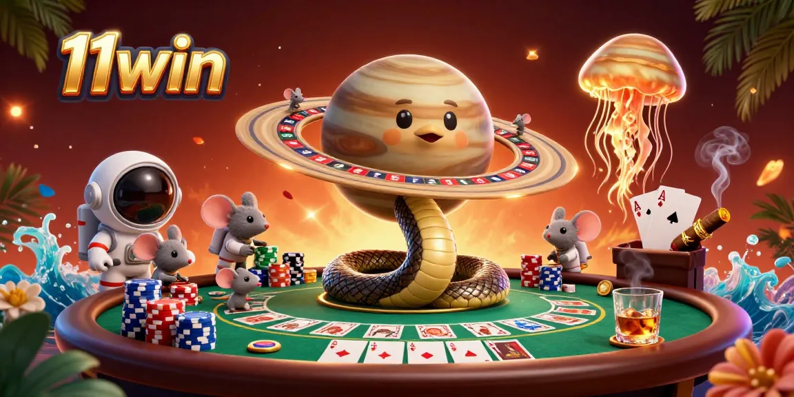 11win features a cosmic casino scene with a Saturn ring snake, astronaut mice betting, and colorful poker elements.