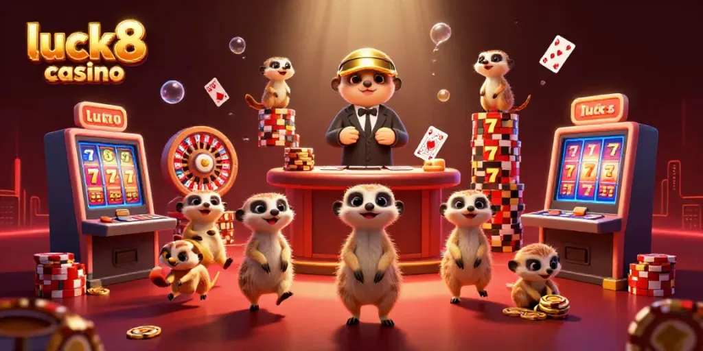 Experience the thrill at luck8 casino with meerkats managing vibrant gaming action in a lively scene.