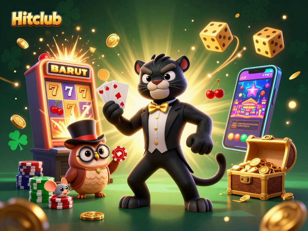 Hitclub thrills with a stylish panther dealing cards amid a jackpot explosion of colors and rewards.
