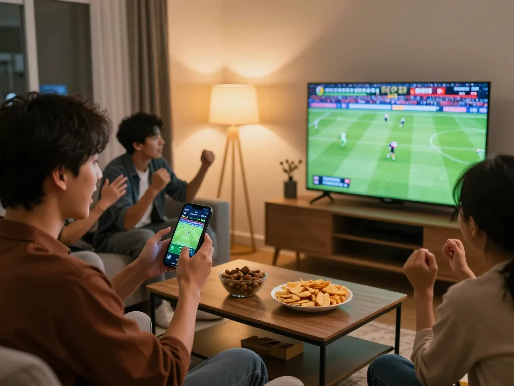 Person engaged in sports betting on f8betlv mobile app while watching a live football game at home.