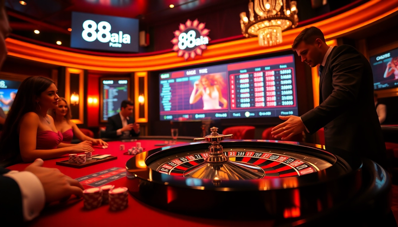Gamblers engaging at a roulette table with 88aa branding, highlighting excitement in online betting.