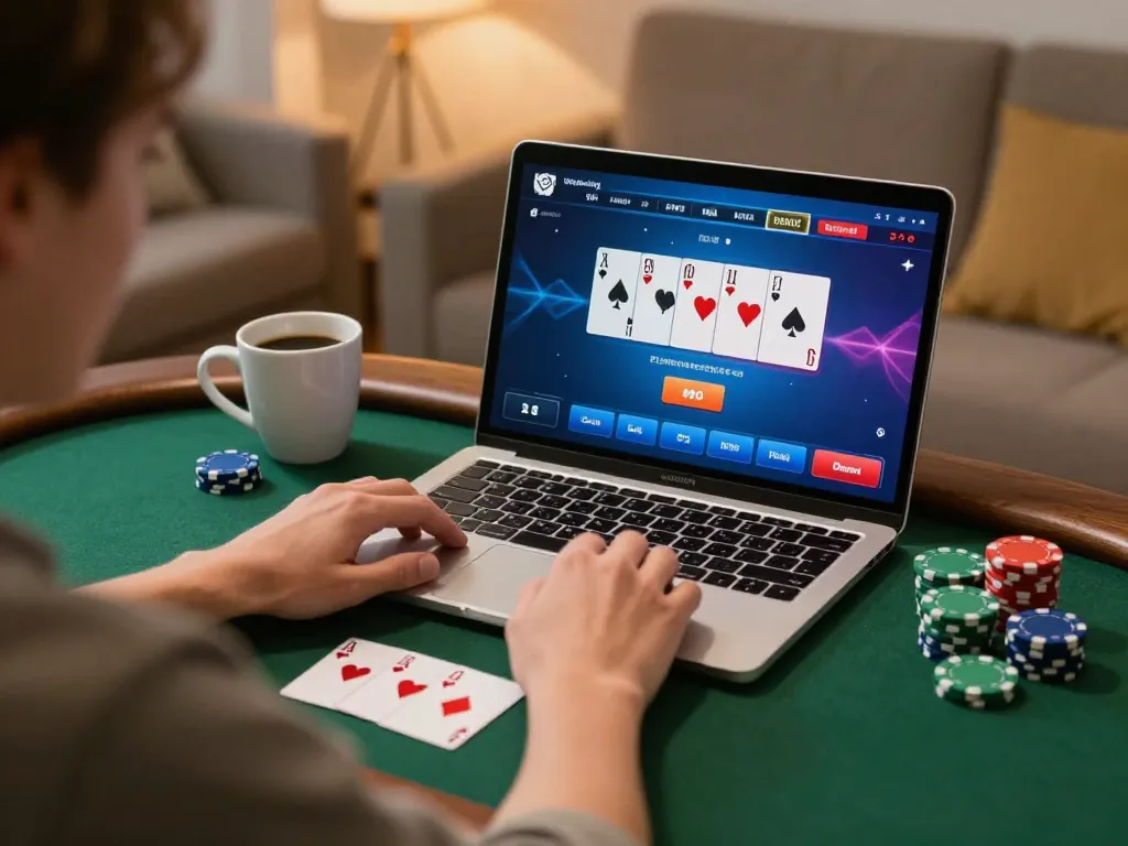 Engaged player on sc88 trang chủ enjoying a strategic poker game on their laptop at home.
