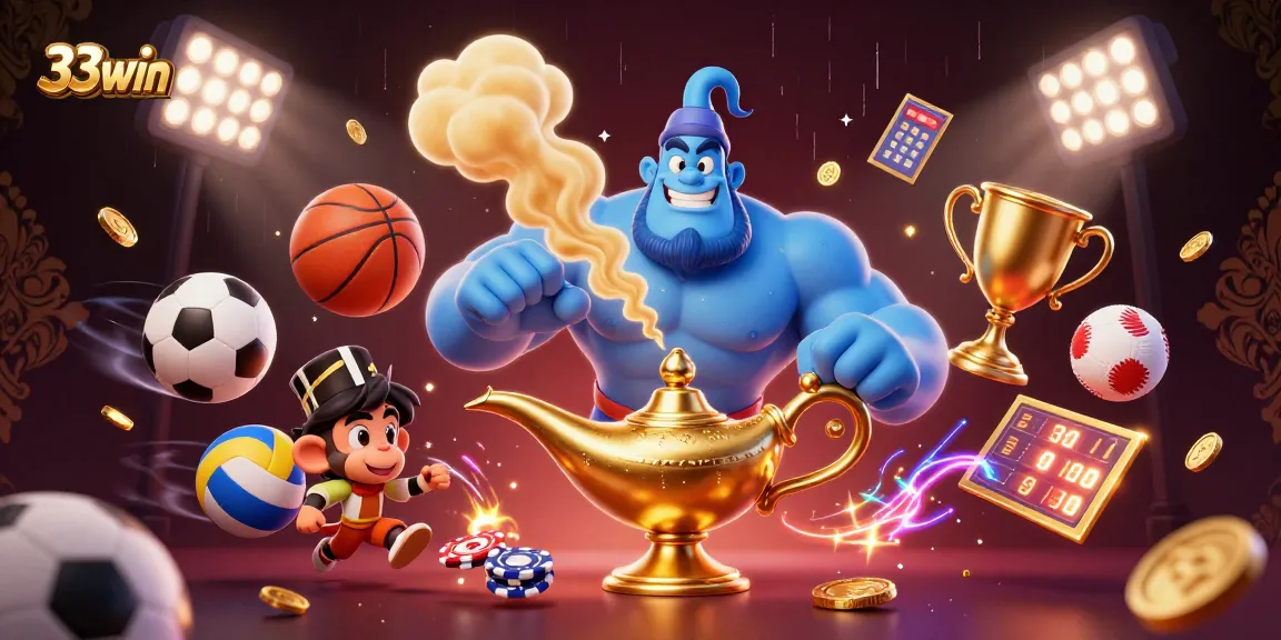 Engage with 33win in a bustling casino scene featuring characters and sports elements.