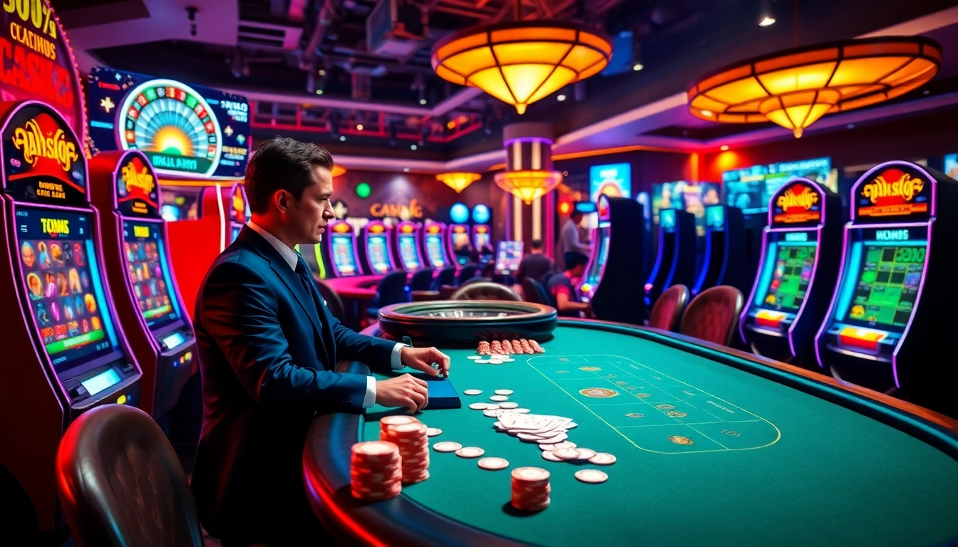 Engaging poker scene at 88aa1.org with vibrant slot machines and casino tables.