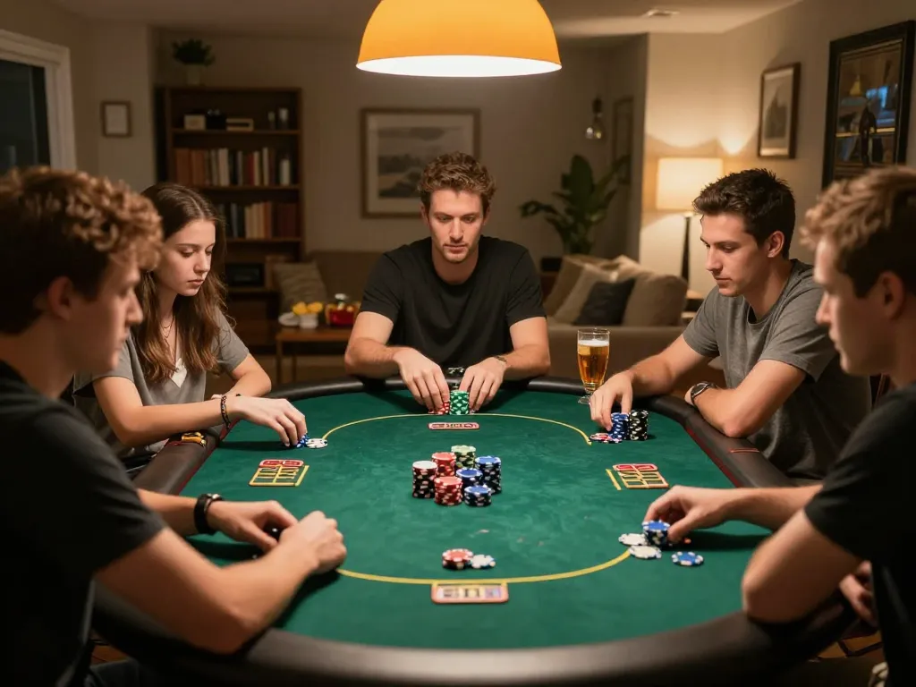 Experience strategic gameplay in a home poker game night with friends at the fed poker table.