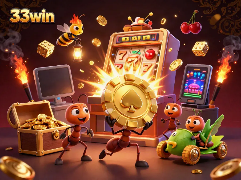 Join the 33win adventure with a heist of golden poker chips amidst a bursting slot machine jackpot.