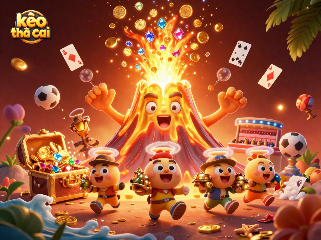 Engaging kèo nhà cái illustration shows a golden volcano erupting coins with sports elements and vibrant characters.