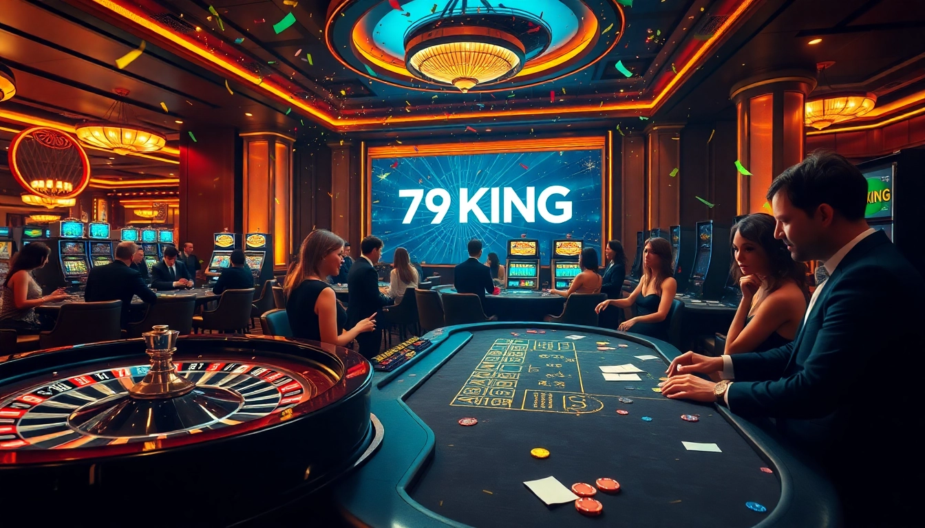 Engage in thrilling games at 79KING casino, featuring poker tables, roulette, and vibrant slot machines.