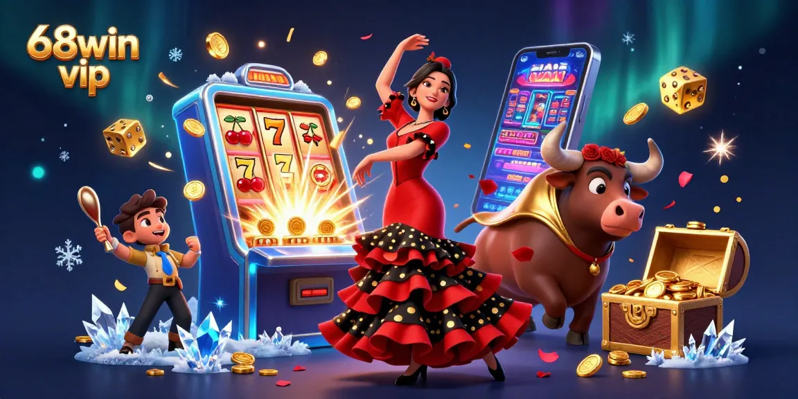 Experience the thrill of 68win vip with vibrant casino games and jackpot excitement in a dynamic illustration.