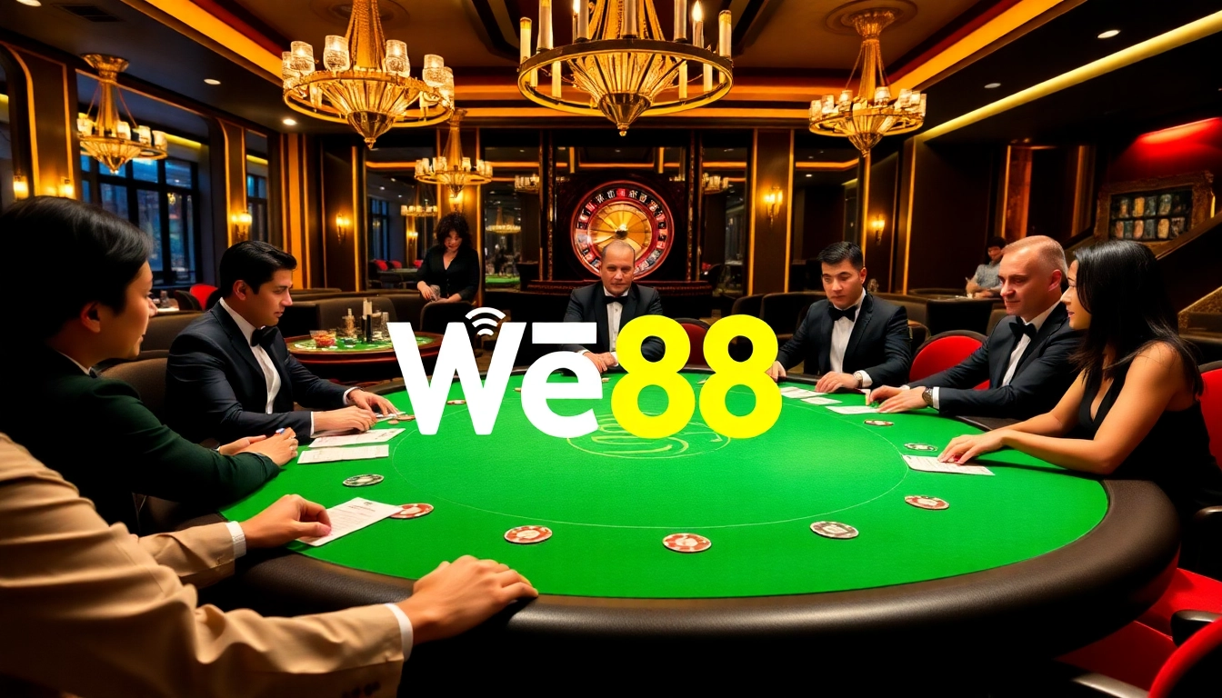 Experience the excitement of poker at WE88's luxurious gaming table surrounded by vibrant colors and elite players.