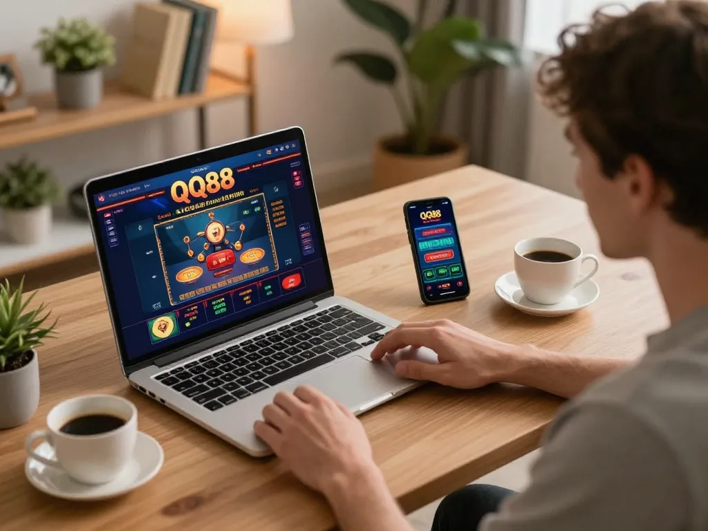Engaging with QQ88 online casino interface from a cozy home setup, showcasing a modern gaming experience.