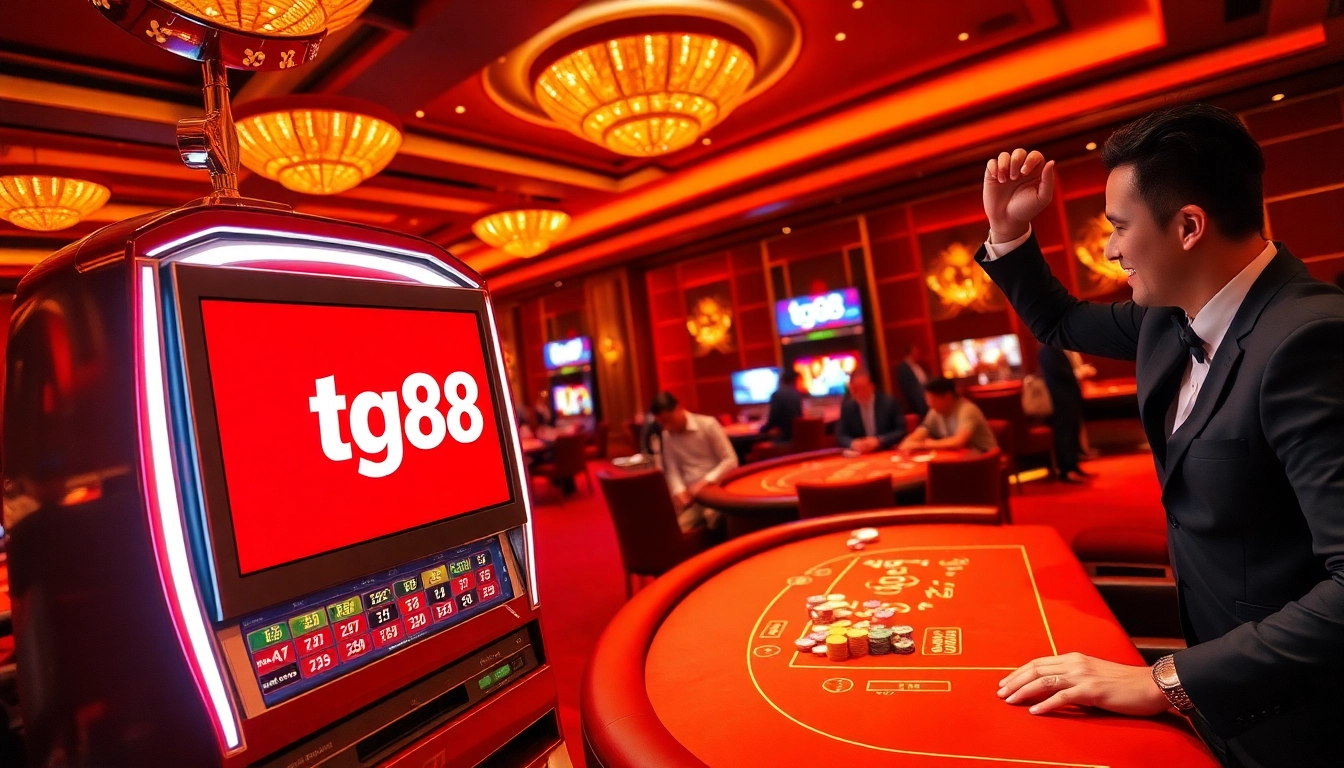 Experience the thrill of winning at tg88's vibrant casino, featuring slot machines and poker tables.
