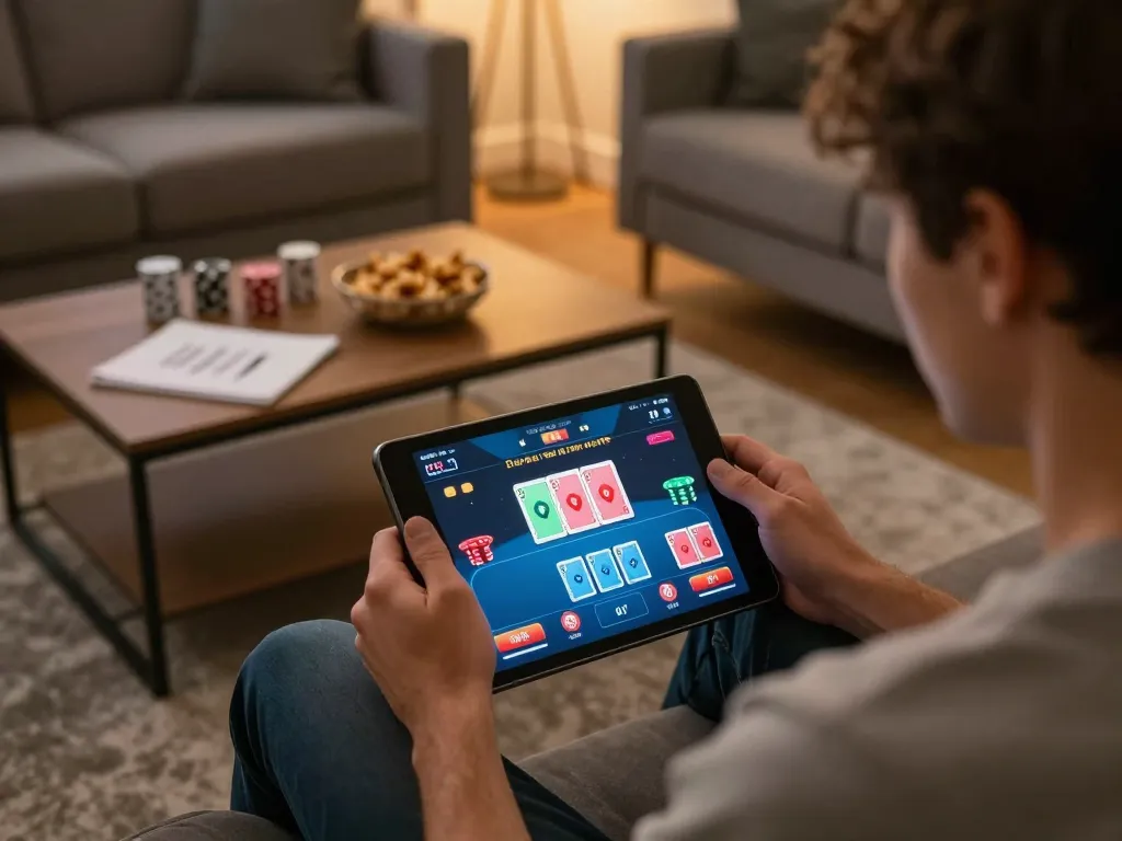 Engaging in qq88 poker game on tablet, detailed interface and strategy notes visible