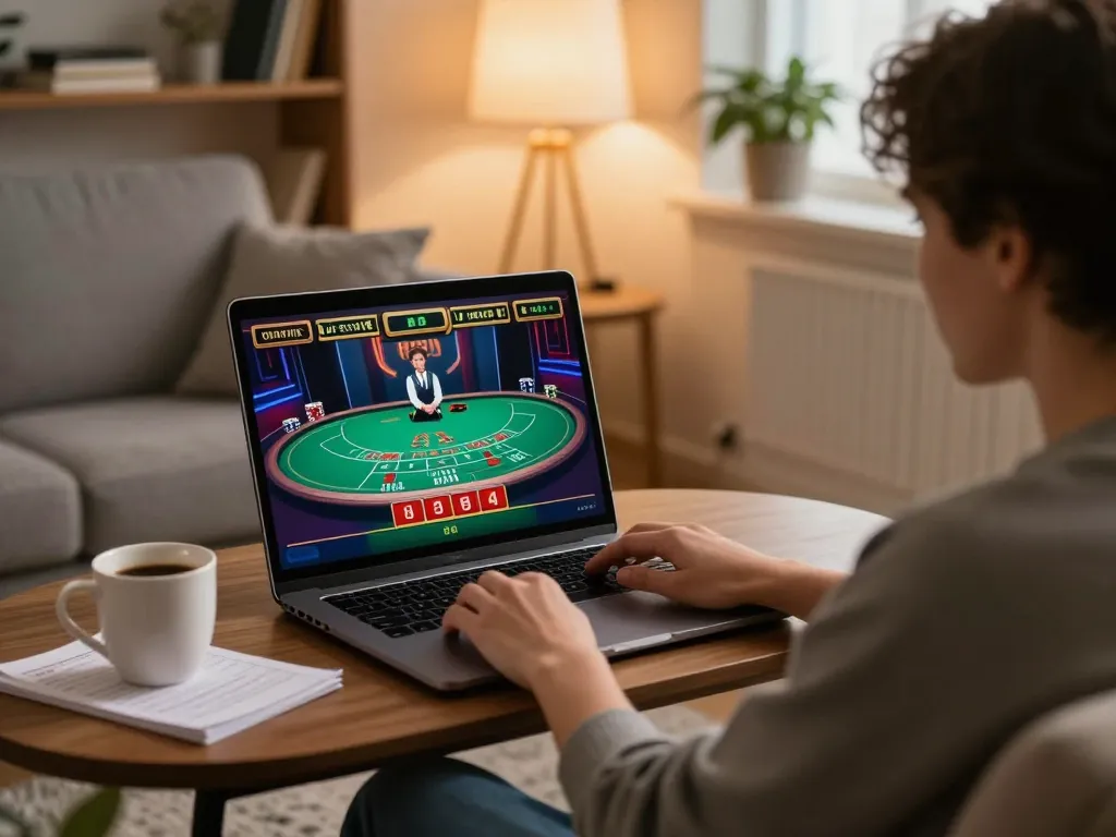 Engaging with Nhà cái OXBET live dealer blackjack on a laptop in a cozy home environment.