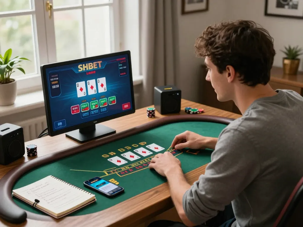 Engaging in a live blackjack game on SHBET, showcasing strategic online gambling from home.