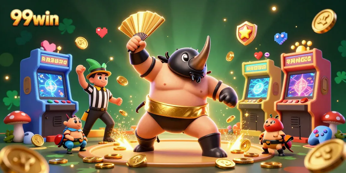 Catch the excitement of 99win with a vibrant casino scene featuring cricket referees and golden coins.