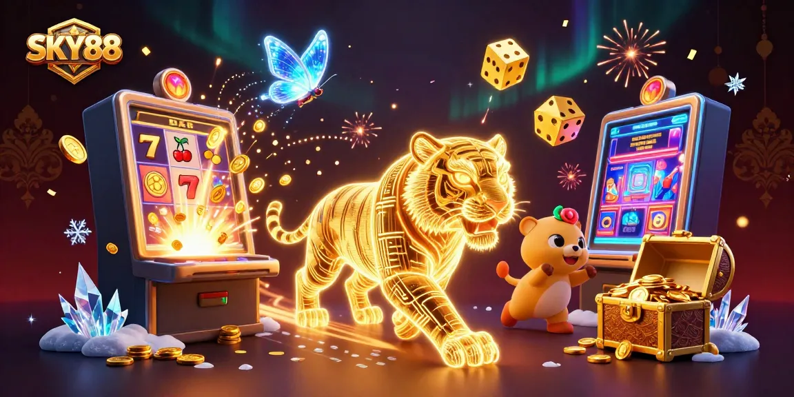 Play thrilling games at SKY88 in a vibrant digital casino landscape illuminated by a golden tiger.
