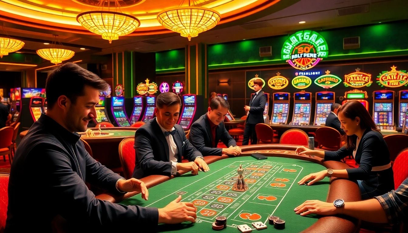Players enjoying various games with RR99 mobile app in a luxurious casino setting, full of excitement.