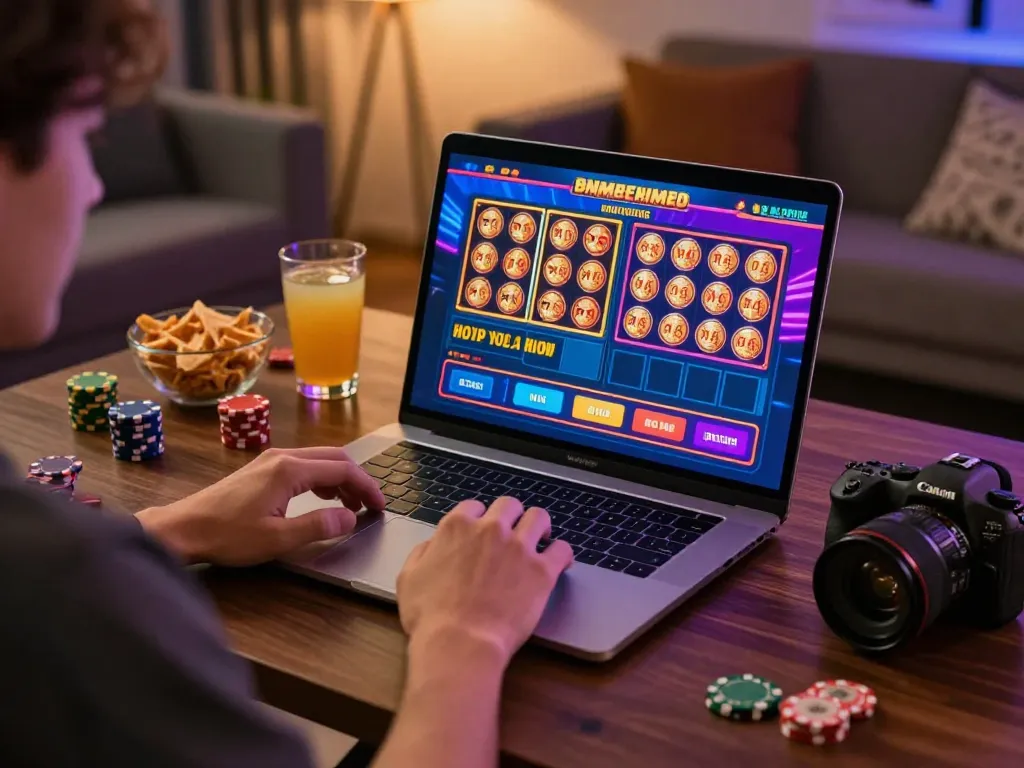Player enjoying MM88 online casino game on laptop with vibrant graphics in a cozy home setting.