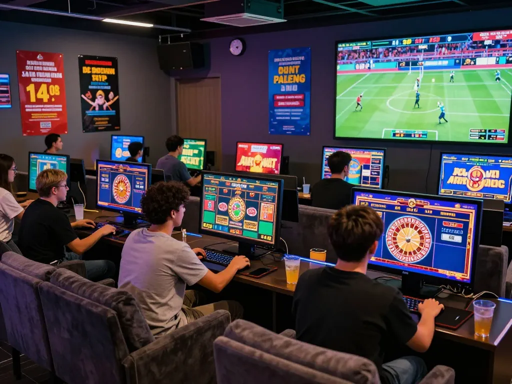 Engaging online betting experience with hm88 logo, diverse players using devices in a vibrant lounge setting.
