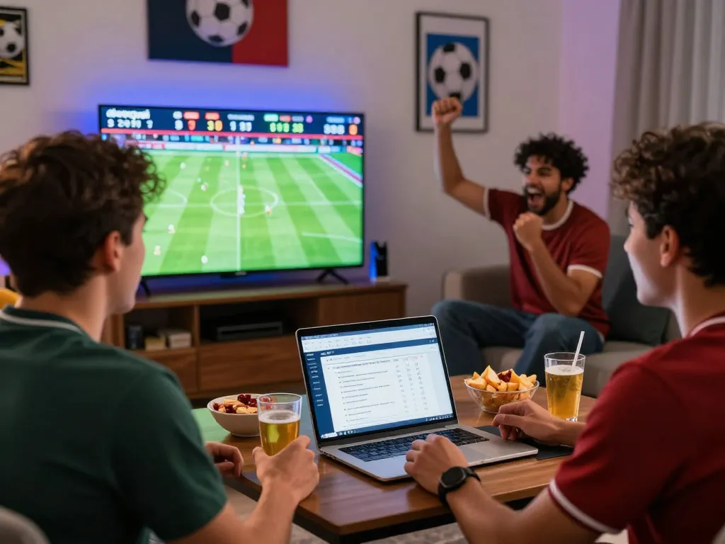 A football enthusiast engaging with Nowgoal live betting while friends cheer in an inviting atmosphere.