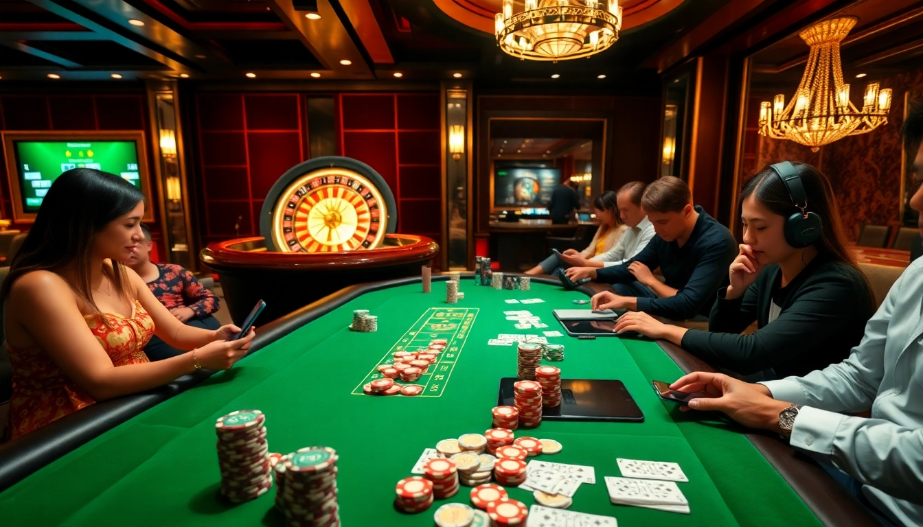 Experience the thrill of BK8 with vibrant casino tables and excited players in a luxurious setting.