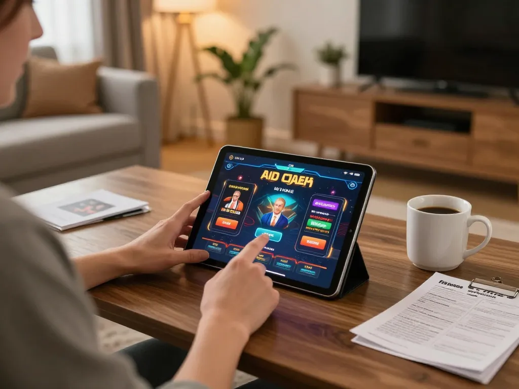 Engaging online gambler using transporthydraulics app on tablet in cozy living room setting.
