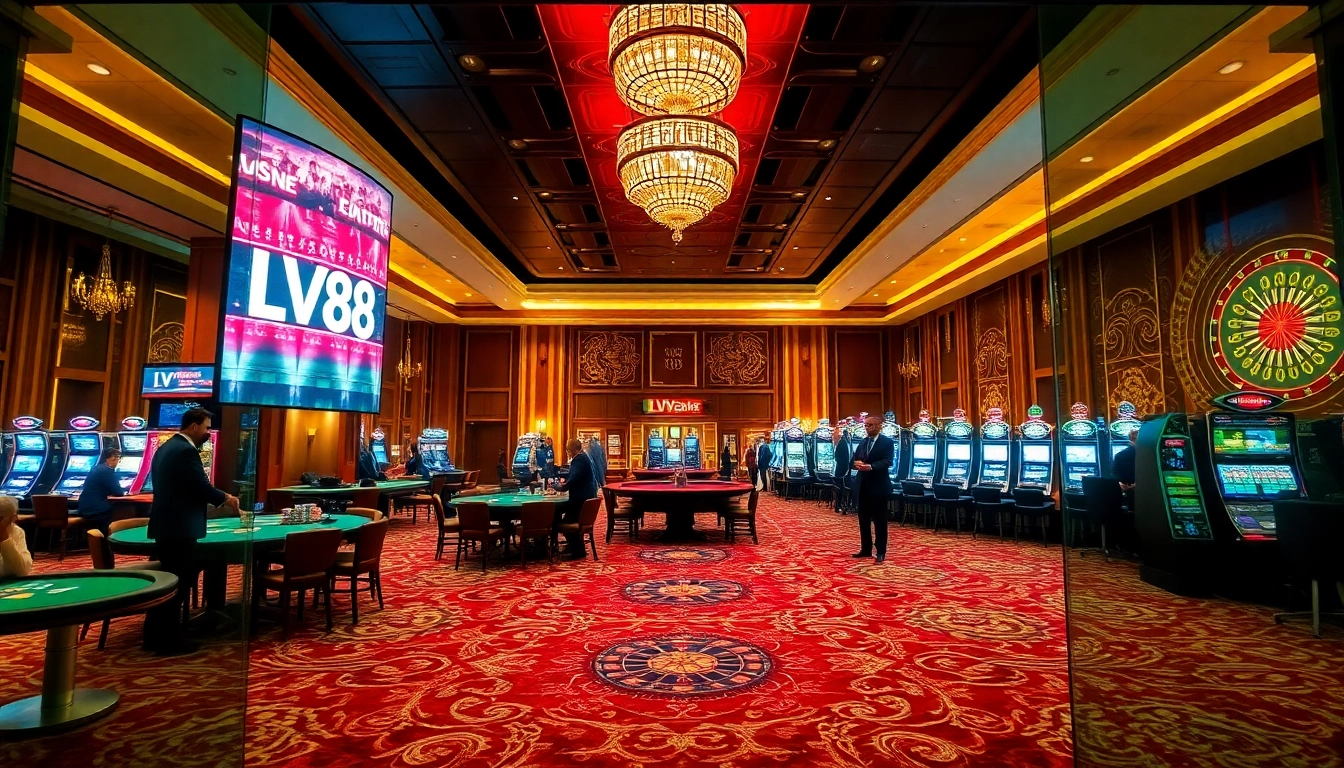 Players enjoying baccarat and slot machines at LV88 casino, showcasing excitement and professionalism.
