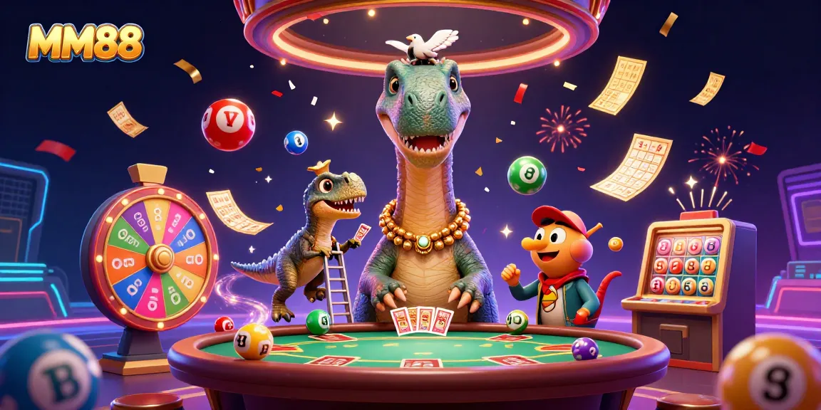 MM88 engages players with a vibrant casino scene featuring a brontosaurus and lively game elements.