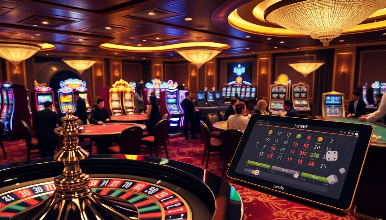 A lively casino scene showcasing players engaged at tables while promoting nhà cái jun88's exciting gambling experience.