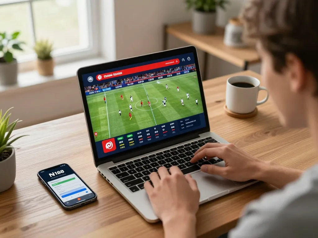 Live online betting on N188 com with user engaged at a modern workspace, showcasing an exciting sports betting atmosphere.