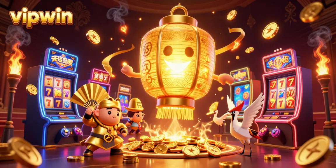 Experience the thrill of vipwin and engage in exciting online casino games with golden lanterns and vibrant slot machines.