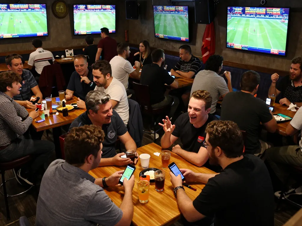 Tỷ lệ kèo trực tuyến displayed on multiple screens in a lively sports betting bar.
