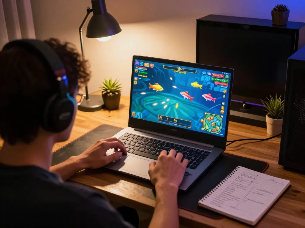 Bắn cá đổi thưởng gameplay captured in an engaging home gaming setup, showing player dedication and vibrant graphics.