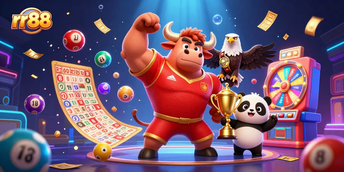 Win big with RR88, featuring vibrant lottery balls, a bull mascot, and exciting casino elements.