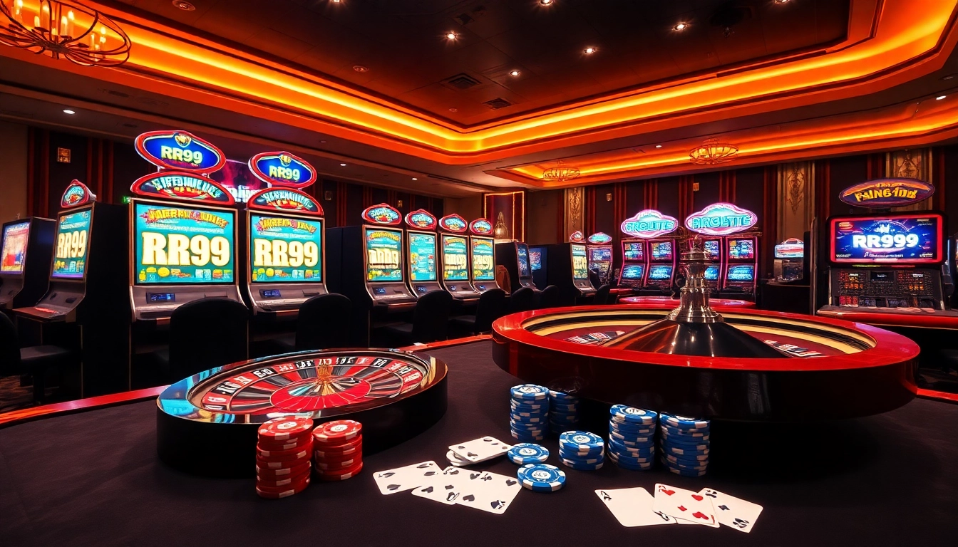 Experience the thrill of RR99 nổ hũ with vibrant slot machines and a stylish casino environment.