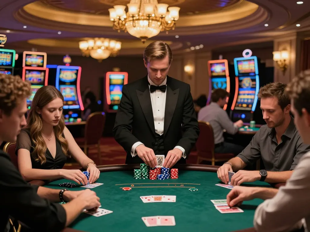 Players strategically betting at a high-stakes poker table in 33win casino.
