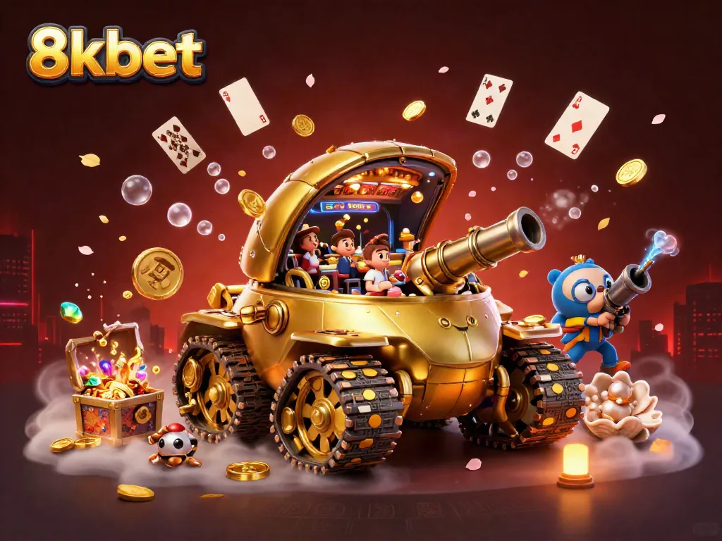 Experience 8kbet's immersive casino atmosphere with a golden beetle tank revealing a miniature casino and vibrant game elements.