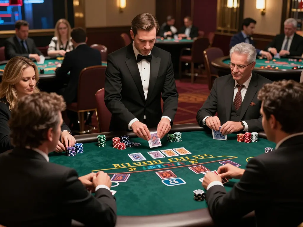 cm88ninja players strategizing at a blackjack table in a luxurious casino setting