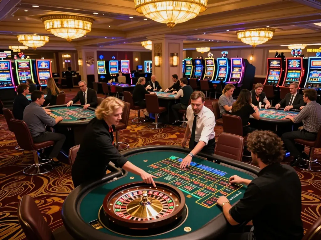 Players engaging at roulette tables in an energetic vin88 casino scene, showcasing excitement and strategy.